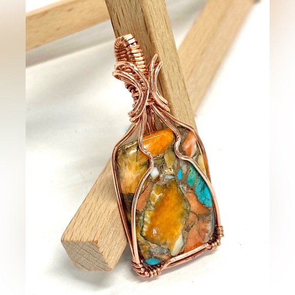 HANDMADE Spiny Oyster Turquoise and Bare Copper Hand Wrapped Statement Pendant - Picture 4 of 10
